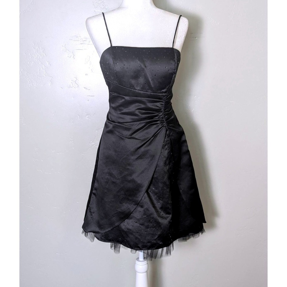 Blondie Nites Dress Women 7 Black Sequin Ruched Tulle Trim Y2K Formal 018588